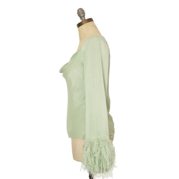 ASOS Design Long Sleeve Top With Feather Cuff Detail US 0 Sage Green Satin B21 - Picture 5 of 7